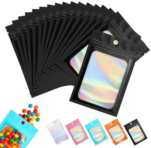 130 Pcs Mylar Bags 2.8×3.9 Inch Holographic Bags Resealable Sealable — Small Ziplock Bags for Food Candy Jewelry Party Gifts Black