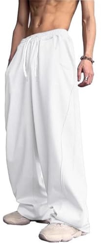PADOLA Pantalone della Tuta Uomo Largo Y2K Streetwear Vita Elasticizzata con Cordino Tasche Laterali Pantalone Casual Baggy per Sport e Tempo Libero(M,Bianco)