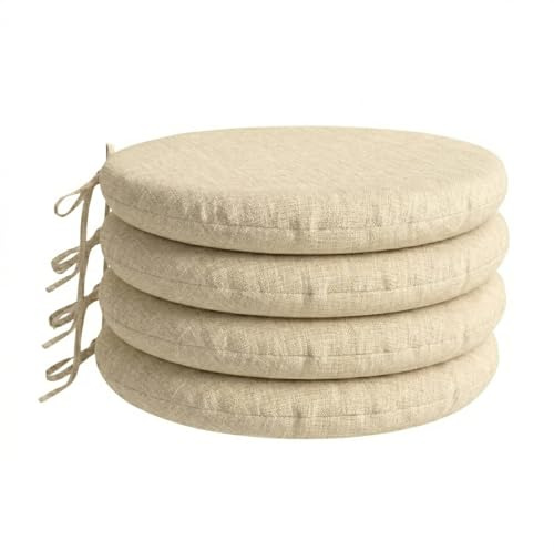 PIND Pack 4 Cojines Redondos para Sillas 40x40 con Relleno de Espuma, Funda Efecto Lino Transpirable con Lazos de Sujeción. Ideal para Sillas de Cocina, Terraza, Oficina. (4, Crema)