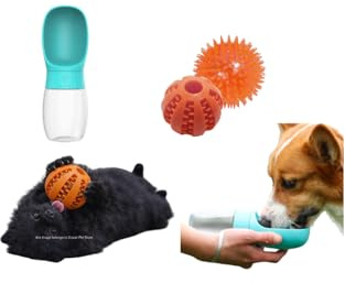 Hundvattenflaska 350 ml bärbar grön inkl. squeeze-boll Ø 6,5 cm och godisboll orange – läckagesäker för promenader, resor och intelligensleksak för aktivitet för hundar
