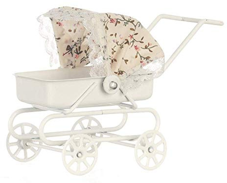 Dolls House Miniature Baby Furniture Nursery Accessory White Pram Floral Hood