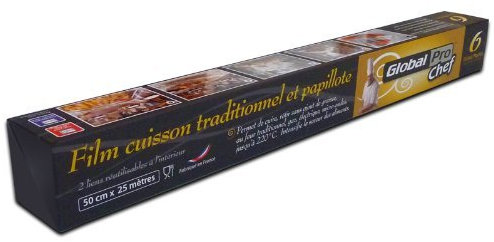 Planotion GLOBAL Pro CHEF - Rollo de película de cocción tradicional y papillote (50 cm x 25 m, con lazos de silicona)