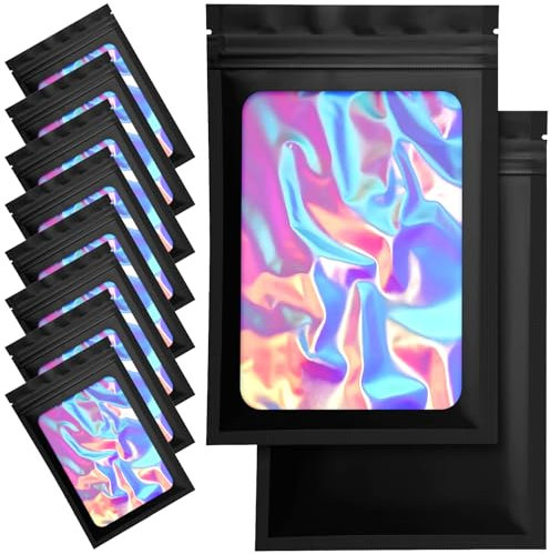 Confezione da 100 sacchetti in Mylar – 16,3 x 22,5 cm, richiudibili, a prova di odore, con finestra frontale, colore: nero