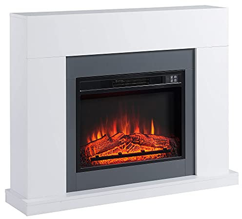 HOMCOM Chimenea Eléctrica 1800W-2000W Chimenea Decorativa con Mando a Distancia Llama Ajustable Termostato Temporizador Semanal y Protección contra Sobrecalentamiento para 37 m² Blanco