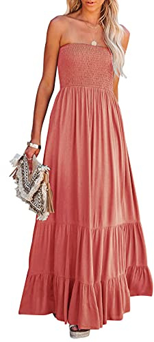 R.Vivimos Estate Donna Senza Spalline Bandeau Shirred Boho Maxi Vestito Abito Lungo da Spiaggia(S,Pink#2)