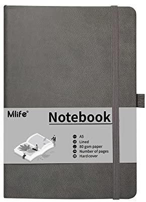 Mlife A5 Journal Notizbuch, 192 Seiten, Hardcover mit elastischem Verschlussband und Falttasche(Grau)