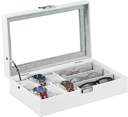 Relaxdays Joyero, Organizador Joyas y Accesorios, Relojero, Almacenaje Joyería, Gafas y Relojes, 9x33x20,5cm, Blanco