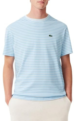 Lacoste Short Sleeve Classic Fit Stripped Crew Neck Tee Shirt T, Bianco/Panoramica, XXL Uomo