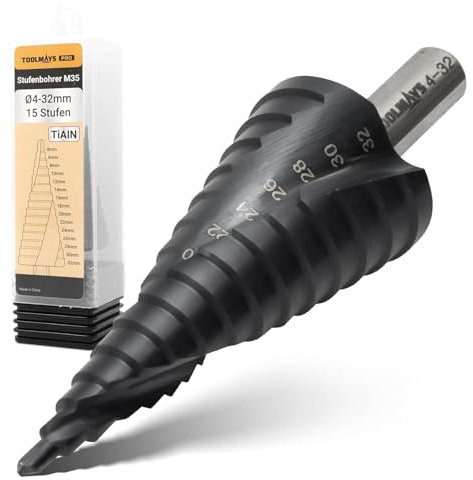 TOOLMAYS Broca Escalonada M35 AlTiN, 4-32 mm Broca Conica para Metal, 15 Pasos Brocas Escalonadas para Acero Inoxidable, Aluminio, Latón, Metal, Hierro, Madera, Plástico, PVC