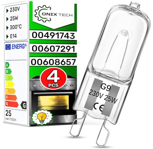 ONIX TECH 4 Piezas Bombilla Halogena Universal G9 para Horno 25W 230V 300°С con Código Original 00491743 00607291 00608657 - Garantía de 5 Años