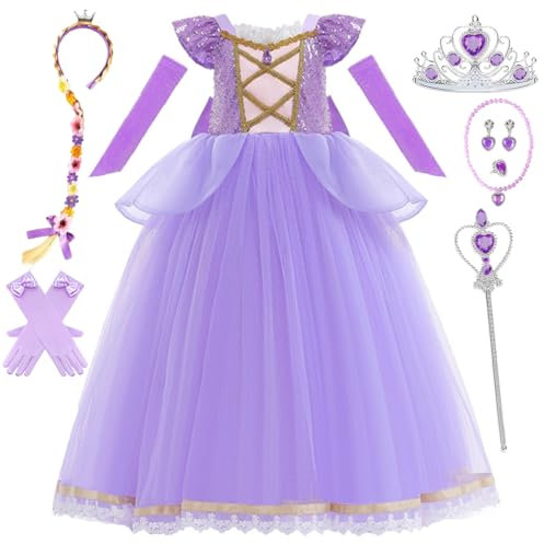 Snyemio Deguisement Robe Raiponce Fille Costume de Princesse Violet pour Halloween Carnaval Anniversaire, 4-5 Ans
