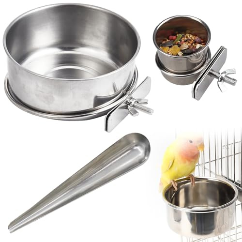 Bird Feeding Dish Cups, Stainless Steel Bird Bowl, Parrot Feeding Cups, Animal Cage Water Food Bowl, Suitable as a Feeding and Watering Station, for Parrots, Guinea Pigs, 2 Pcs, with 1 Spoon