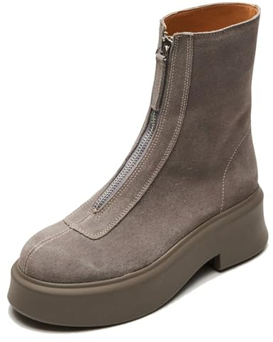 ZJGZF Women's Platform Ankle Boots Suede Leather Boot Chelsea Booties Block Heel Round Toe Short Combat Boots Comfortable Zipper Winter Snow Boot Casual Grey