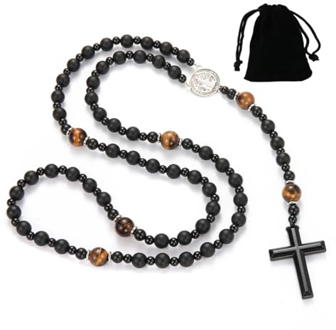 Collier chapelet catholique homme femme croix, collier chapelet en pierre naturelle, collier en roche volcanique et obsidienne, pour chrétiens catholiques Communion religieuse, baptême, messe, Bible