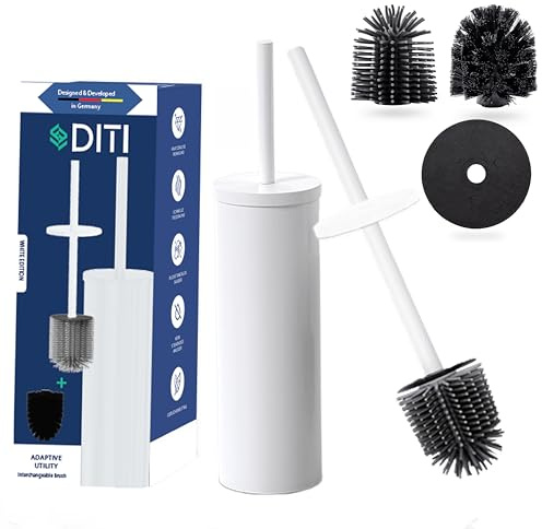 DITI® Toalettborste rund silikon vit matt – rostfritt stål toalettborste rostfri – toalettborste med hållare, 2 borsthuvuden, 2 stänkskydd – toalettborste med långt handtag – toalettborste