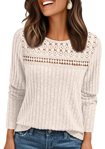 Crsiphee Women Long Sleeve Jumper Crewneck Tunic Cozy Knit Sweater Trendy Casual Lightweight Top Lace Mesh Shirt for Autumn and Winter Apricot XXL