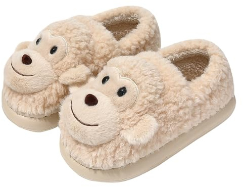 DFSDJEUW slip on slippers women House Slippers for Women Cute Cotton For Winter Plush Warm Monkey Indoor Home Men's Winter Heel Cotton Shoes Men house slipper Beige 5