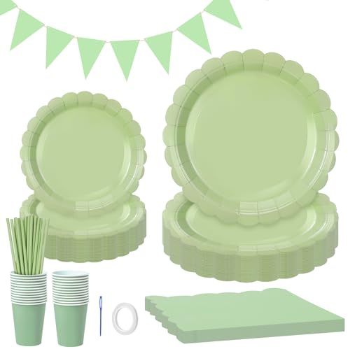 126 Pcs Sage Green Paper Plates and Napkins Set, Sage Green Party Tableware Set Include Scalloped Plate, Napkin, Cups, Straws Bunting Banner Party Supplies for Baby Shower, Wedding, Birthday Party