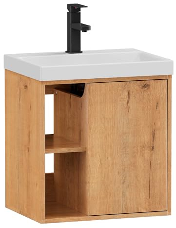 UEV Waschtisch mit Unterschrank hängend 50cm,Gäste-WC Waschtisch kleine, Waschbecken mit Wasserhahn, Waschtischunterschrank hängend, Waschplatz ausreichend Stauraum,Badmöbel Set für Badezimmer Natur