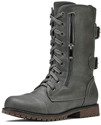 DREAM PAIRS Women's Terran Grey Mid Calf Built-in Wallet Pocket Lace up Military Combat Boots Size 8.5 US/ 6.5 UK
