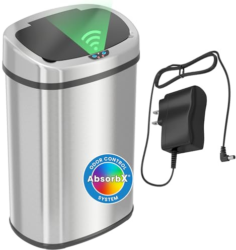 SensorCan 13 Gallon Oval Sensor Trash Can with AC Adapter and Odor Filter, Automatic Motion Sensor Kitchen Bin, Soft-Close Stainless Steel, Slim Curved Wastebasket for Narrow Walkways, Matte Silver