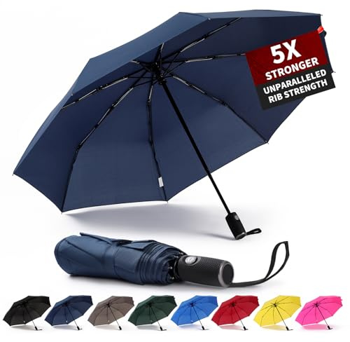 Coupe-vent Parapluie pliant avec revêtement en Téflon, Auto ouvrir fermer Parapluie de soleil et de la pluie légère avec 10 Côtes Construction, bleu