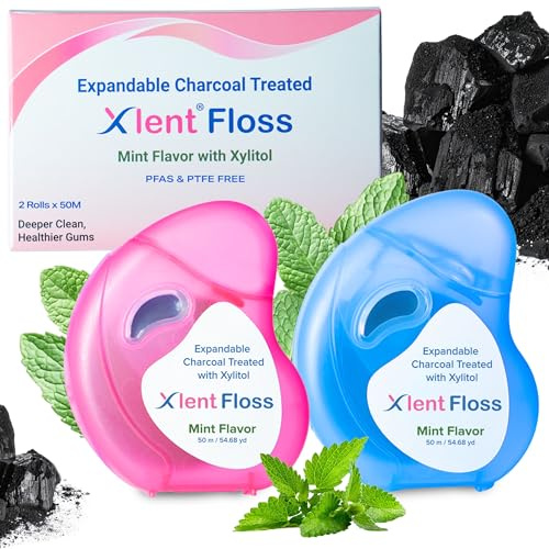 Xlent Expanding Dental Floss – 50m Activated Charcoal Expanding Floss with Xylitol – Mint – PFAS & PTFE Free – Natural Plant Wax – 2 Pack