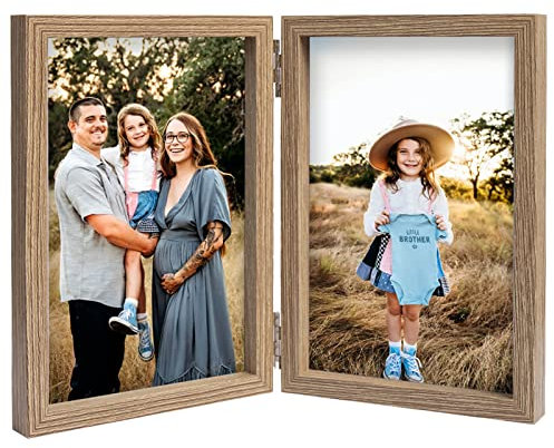 AVEAX Doppelter 10 x 15 Bilderrahmen Klappbarer Bilderrahmen aus Holz mit Glasfrontständer vertikal auf dem Desktop, Holzmaserung