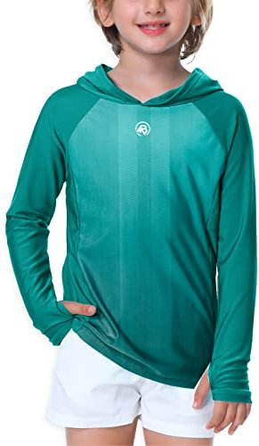 AOBUTE Unisex Kinder Langarm Hoodie Rash Guard Jungen UPF 50+ Badeoberteil mit Daumenloch 3-12 Jahre, Farbverlauf grün, 7-8 Jahre