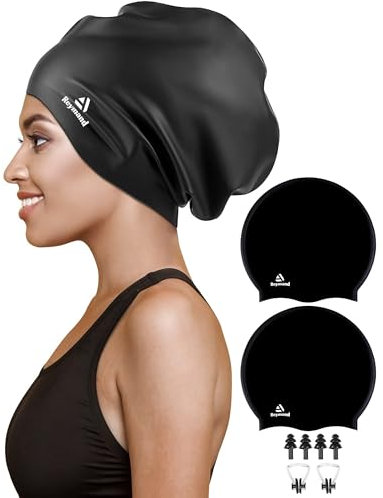 Reymand 2 Pack Extra Große Badekappe Damen Herren für Zöpfe und Dreadlocks, Silikon Schwimmkappe für langes Haar,Extensions,Locken und Afros,Badehaube Bademütze für Erwachsene (Schwarz + Schwarz)