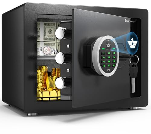 Kavey 32L Fireproof Home Safe with Digital Keypad, Dual Alarm, Mute Function, LED Light, Removable Shelf, Low Carbon Steel, Electronic Combination Lock, Tabletop Mount, Safe for Money Valuables