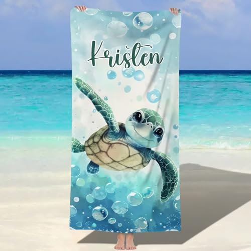 Jodimitty Mikrofaser Strandtuch Personalisiertes Name Wasserabsorbierend Schnelltrocknend Strandhandtuch für Erwachsene Kinder Strand Schwimmbad, 60x120cm/76x152cm/90x180cm (Meeresschildkröte)
