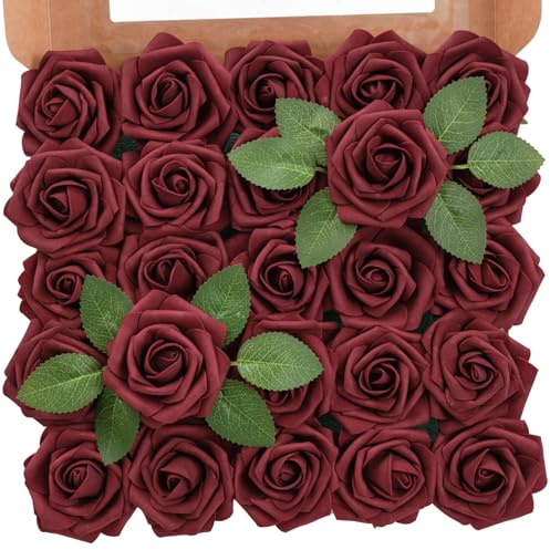 TINGE TIME Artificial Flowers 3 Rose, 25pcs Foam Fake Roses with Stem for DIY Wedding Decorations Bouquets Centerpieces Boutonniere Floral Arrangements Bridal Shower (Burgundy)