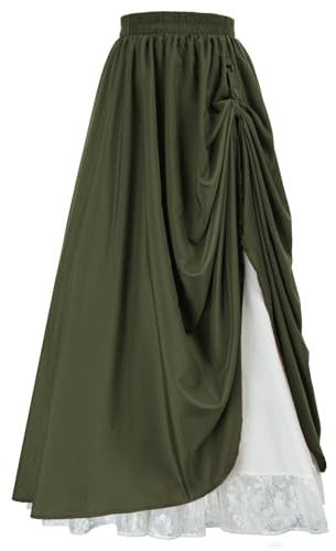 SCARLET DARKNESS Falda renacentista para mujer con volantes dobladillo de encaje de cintura alta acampanada falda maxi, Verde militar., L