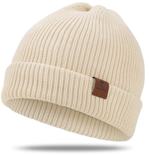 BARFULKER Beanie Mütze Damen Herren, Winter Warm Strickmütze Wintermützen Thermo Laufmützen Dehnbare Weiche Wollmütze mit Bündchen und Dickem Warmem Futter Geschenk Unisex,Weiß
