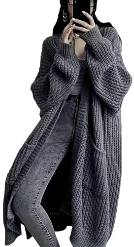 GUTPOINT Cardigan Lungo da Donna Maglioni Aperto Davanti Oversize spolverino con Tasca per Le Donne 2025 Autunno Inverno Cappotti in Maglia Design, Grigio, XL