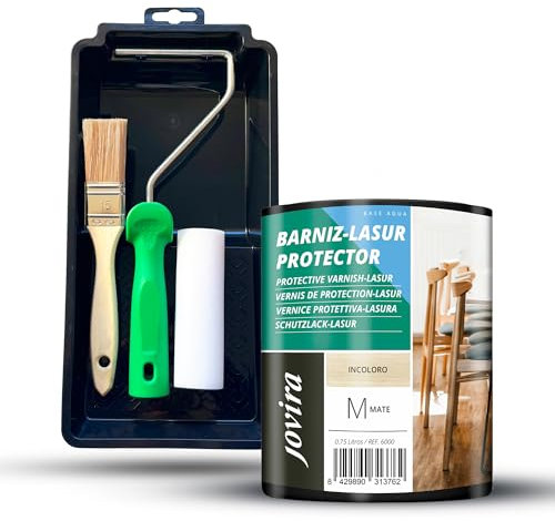 JOVIRA PINTURAS BARNIZ-LASUR Protector Mate al Agua y Kit con Minicubeta, Rodillo de Espuma, Varilla y Paletina. (750 Mililitros, Incoloro + Kit Barniz-Lasur) F-14-K