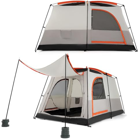COSTWAY Tienda de Campaña para 6 Personas de 2 Habitaciones, Toldo para Lluvia, Lona de PE, Ventanas de Malla, Tienda de Camping Impermeable y Resistente al Viento, Bolsa de Transporte (Gris)