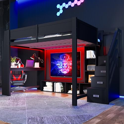 Dolamaní großes Hochbett 140x200 cm Schwarz mit Schreibtisch und LED-Beleuchtung, mehrstufigem Stauraum, Treppe mit Aufbewahrungsfächer, Kinderbett Erwachsene Bett, ohne Matratze (Schwarz)