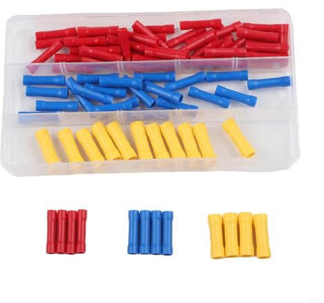 Bloques de terminales, 90 piezas Kit de conectores de tubo termorretráctil para conexión de alambre, núcleo de latón con aislamiento de PVC, codificado por colores, rojo, azul, amarillo para cableado