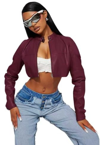 Charyeah Women's Faux Leather Jacket Cropped Leather Jacket Women Bomber Motorcycle Jacket y2k Jacket (US, Alpha, X-Large, Regular, Regular, Purple)