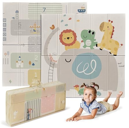 MS BabyWorld - Trendy - Alfombra de Juegos para Bebé 3 tamaños a elegir- Doble Cara, Tapete Muy acolchado (1cm Grosos), Plegable y con Bolsa de transporte (120 * 120, Leon/Arcoiris)