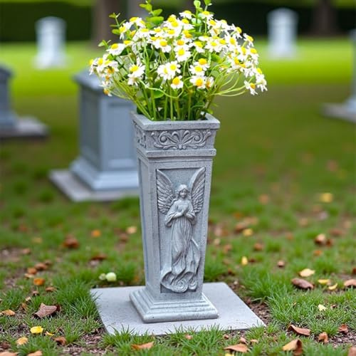 Robusto vaso in resina per cimitero con picchetto da 14 cm, supporto per fiori commemorativo a forma di angelo grigio, per tombe, giardini e decorazioni per esterni, 38,4 cm