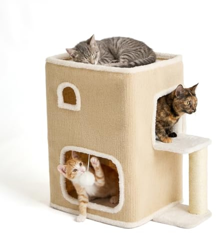 Relaxdays kattkoja i två våningar, kattgrotta med boll och klösstativ beige | HxBxD: 58x57,5x35 cm, husdjurshydda för inomhusbruk, tyg