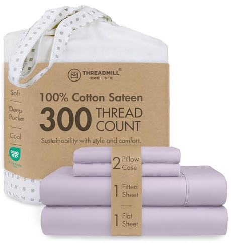Threadmill 300 Thread Count Cotton Queen Sheet Set, Sateen, Solid, Lilac