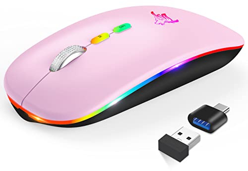HOTLIFE Wireless Mouse, Slim LED Rechargeable Silent Bluetooth Mouse, Pink