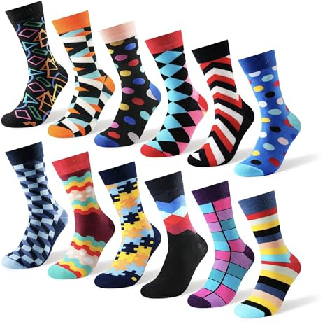 Jeasona 12 Pairs Mens Socks 9-11 Multipack Colourful Funky Dress Cotton Funny Novelty Cool Crazy 9-11 Christmas Stocking Stuffer Gifts for Men