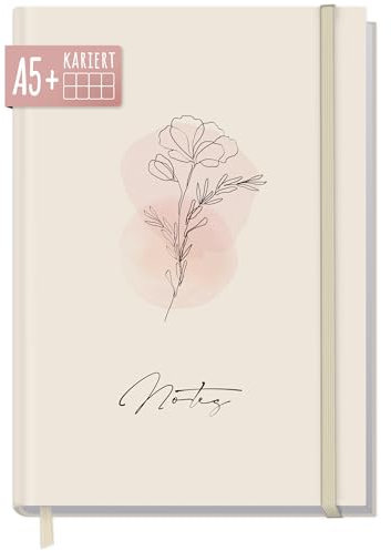 paper&you® Notizbuch A5+ kariert mit Gummiband Dainty Flower 156 Seiten, 78 Blatt, als Bullet Journal, Tagebuch, Notizheft - nachhaltig & klimafreundlich