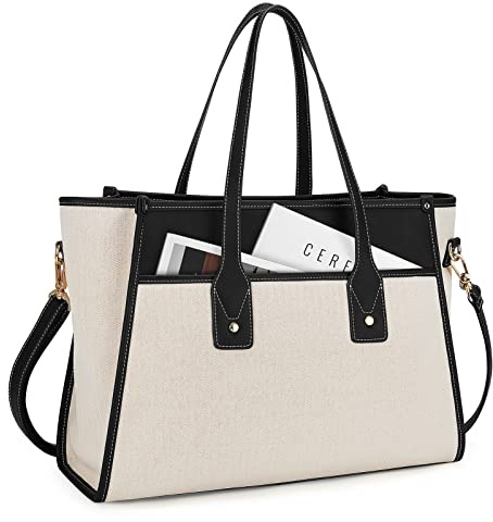 Missnine Tote Bag Canvas Laptop Bag 15.6 inch Work Bags for Women Teacher Bag Casual Computer Shoulder Purse for Office, College, Travel