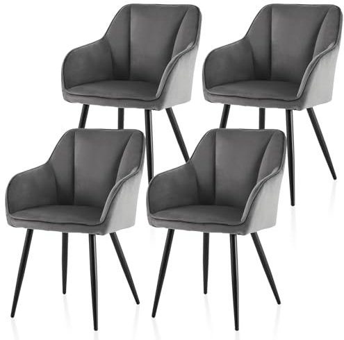 TUKAILAI Esszimmerstühle 4er Set aus Samt,Küchenstuhl Polsterstuhl Armlehnstuhl mit Armlehnen,Rückenlehnen,weiche Sitzpolster,Metallbeinen,Modern Sessel für Küche Esszimmer Wohnzimmer,Grau
